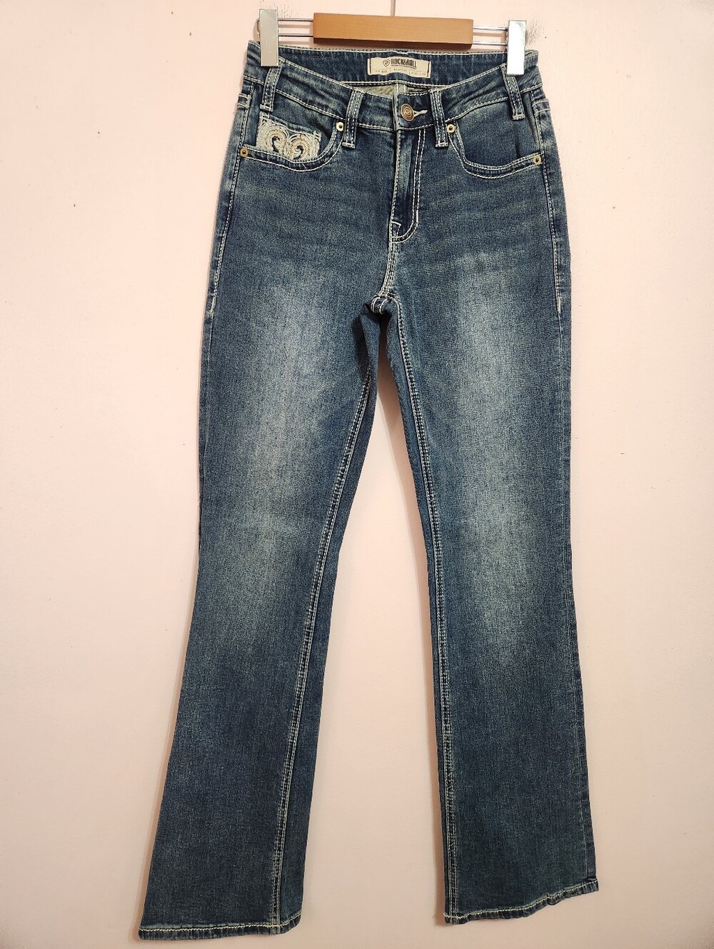 Rock & Roll Denim Mid Rise Bootcut Jeans Thick Stitch Embroidered Pocket 26x34